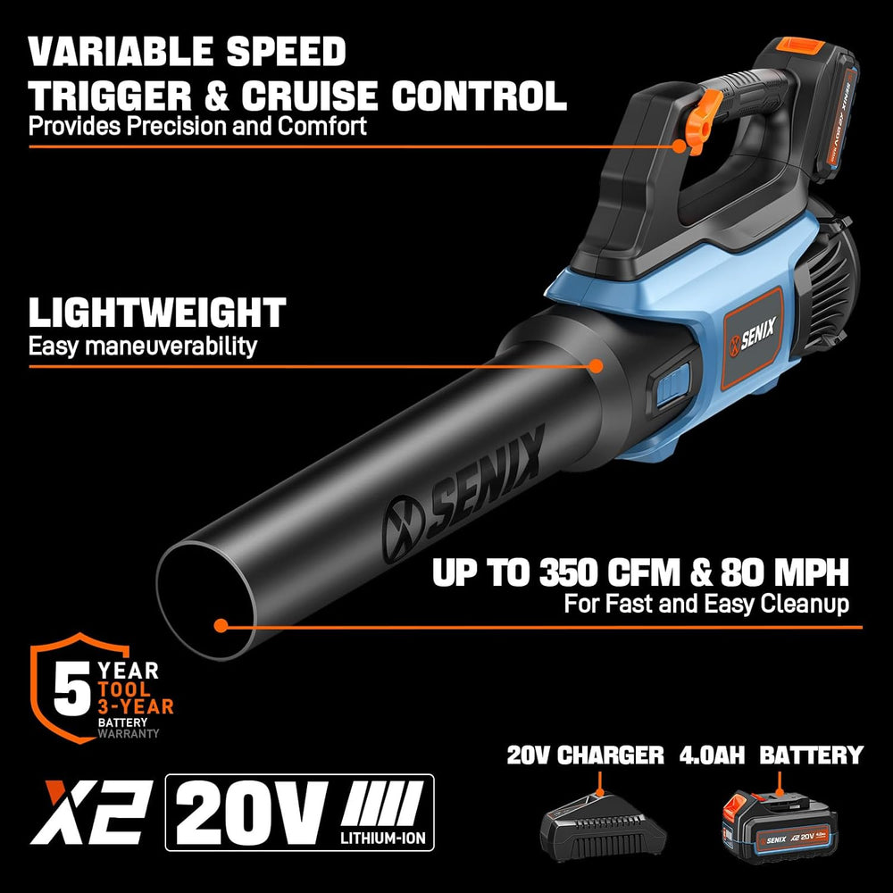 SENIX 20V Max Leaf Blower, Cordless, Brushless, Handheld, Up to 350 CFM and 80 MPH, 2 Speed Mode, Cruise Control, Lightweight, 4.0 Ah Battery and Charger Included (BLAX2-M) 1507