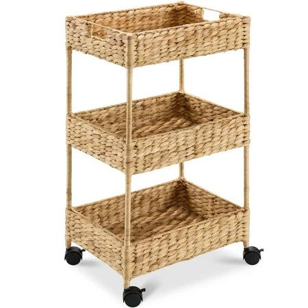 Best Choice Products 3-Tier Water Hyacinth Rolling Nursery Caddy w/ Wheels, Utility Cart, Storage Organization - Natural - L109