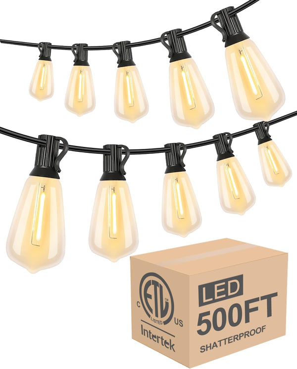 Lightdot 500FT Outdoor String Lights, LED Bistro String Lights with Shatterproof ST38 Bulbs, 2200K Dimmable, Waterproof Hanging Lights for Porch, Party, Garden, Backyard, Balcony - ETL Listed - J208