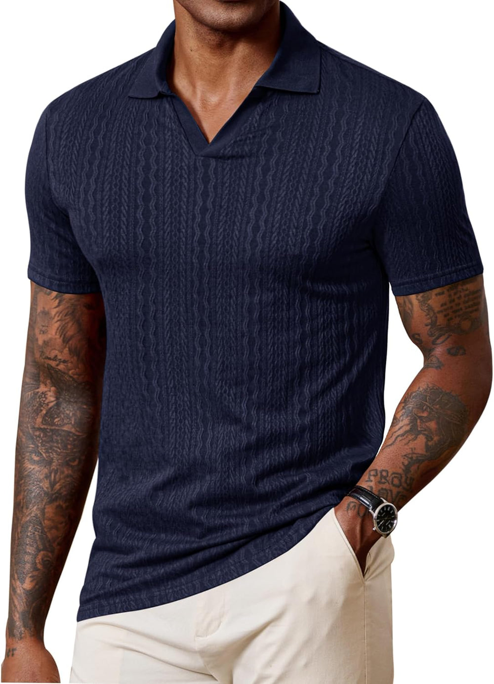 Men Johnny Collar Textured Polo Shirt Cable Knit Stretch Casual Shirts XL - 1902