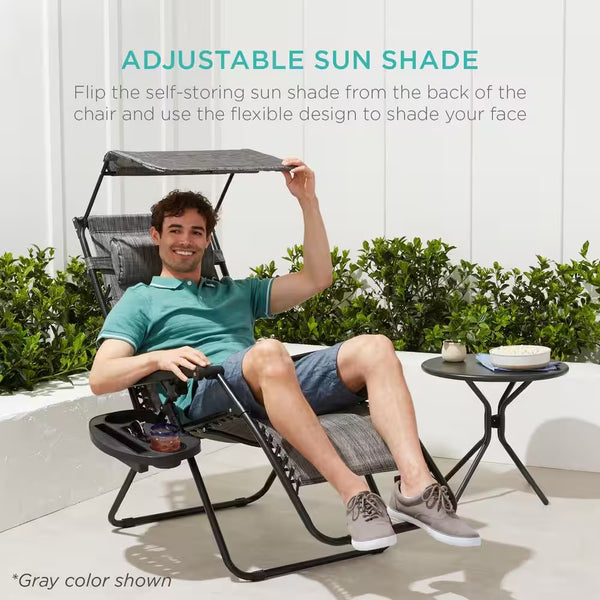Zero Gravity Folding Reclining Mint Fabric Outdoor Lawn Chair with Canopy Shade, Headrest Tray - M3 - 1948