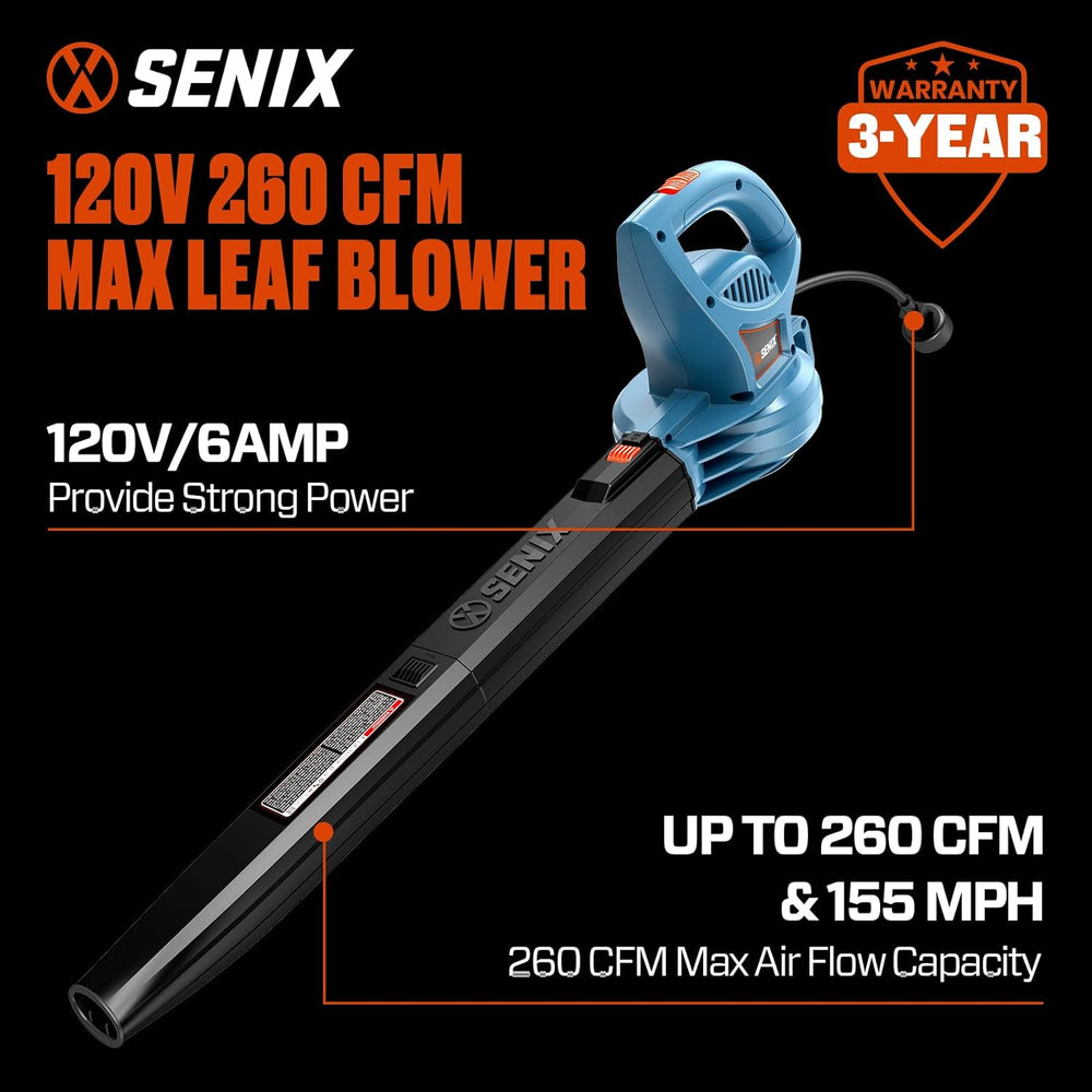 SENIX 6 AMP Handheld Electric Leaf Blower, Up to 260 CFM and 155 MPH, Lightweight, 120V (BLE06-L) 1553