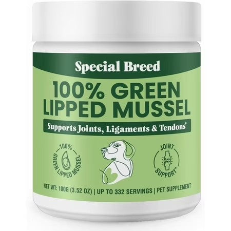 Special Breed Green Lipped Mussel Powder for Dogs & Cats - 100% New Zealand - Natural Hip & Joint Supplement for Joints, Tendons, Ligaments, Muscles - 100 Grams - Up to 332 Servings -K10-1645