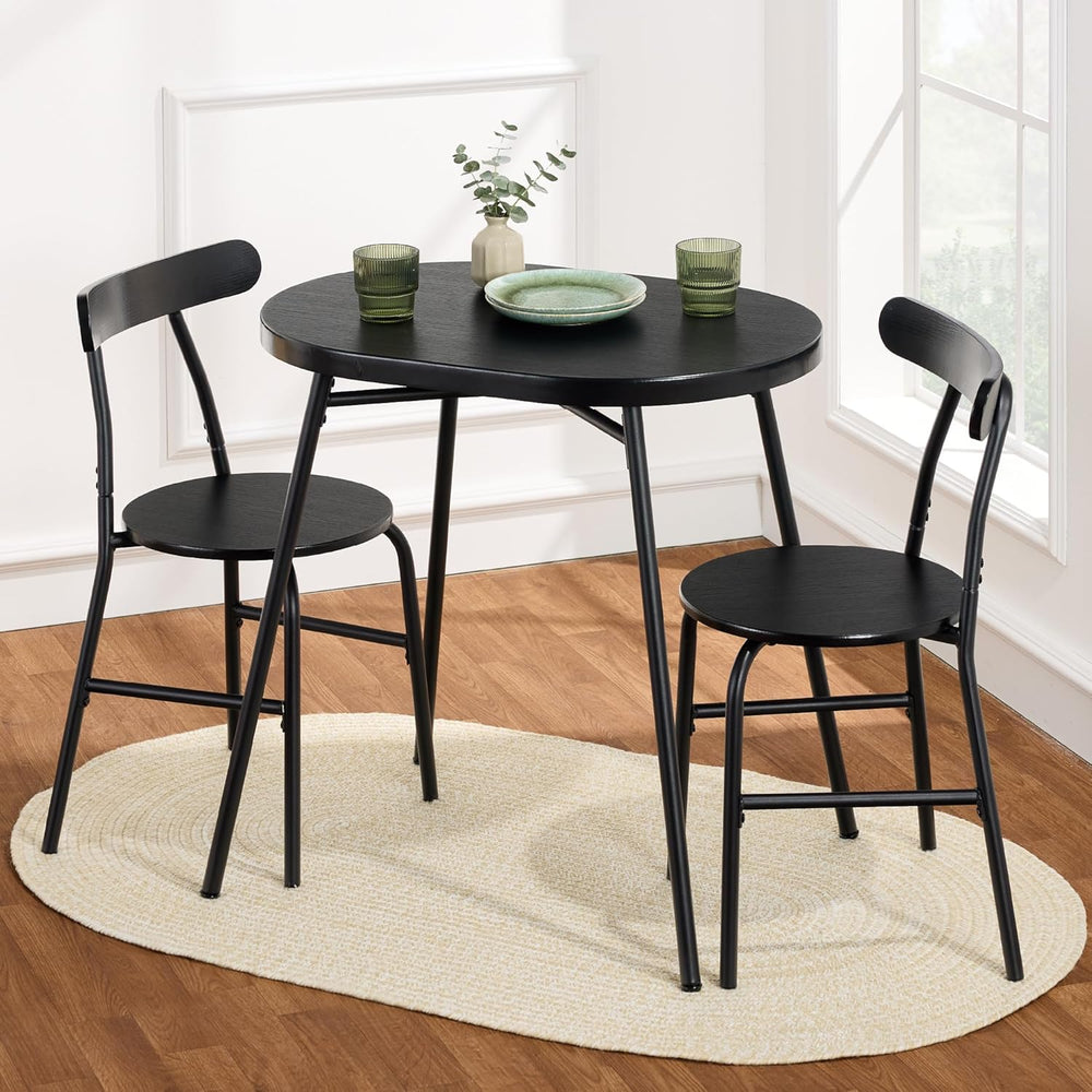 3-Piece Modern Oval Dining Table Set, Small Kitchen Dinette w/ 2 Chairs, Metal Frame, Curved Backrests - Black/Black - J194