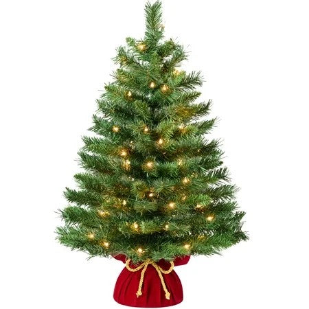 Best Choice Products Pre-Lit 24inch Tabletop Christmas Tree, Small Holiday Artificial Desktop Decor w/Warm White Lights, Red Velvet Cover -J5-0428