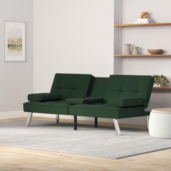 Best Choice Products Linen Modern Folding Futon, Reclining Sofa Bed for Apartment, Dorm w/Removable Armrests, 2 Cupholders - Dark Green 1488