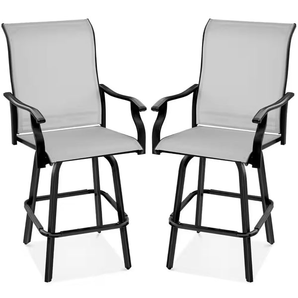 Gray Metal Outdoor Swivel Patio Bar Stool Chairs with 360-Degree Rotation, All-Weather Mesh (2-Pack) -D9-0594