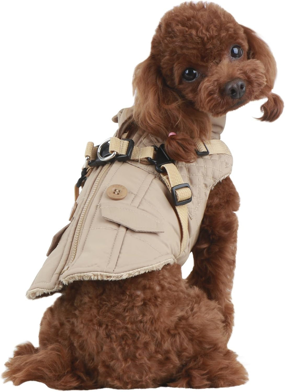 Puppia Wilkes Winter Dog Coat with Integrated Harness No Pull Cold Weather Waterproof Warm Fleece Back Zipper for Small & Medium Dog, Beige, X-Large - L14 - 625