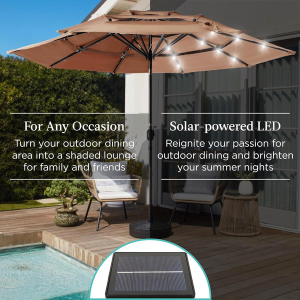Best Choice Products 10ft 3-Tier Patio Umbrella, Outdoor Market Sun Shade for Backyard, Deck, Poolside w/ 24 LED Lights, Tilt Adjustment, Easy Crank, 8 Ribs 1489