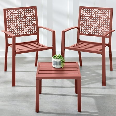 Terracotta 3-Piece Metal Outdoor Patio Bistro Set with 2 Stackable Chairs and Table 777