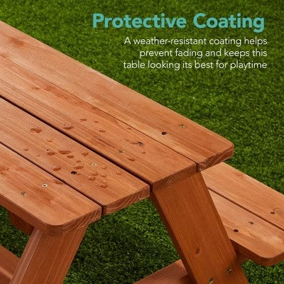 Best Choice Products Kids Wooden Picnic Table, Outdoor Activity Table w/ Adjustable Umbrella, Seats - Golden Brown/Aqua - G7 - 103