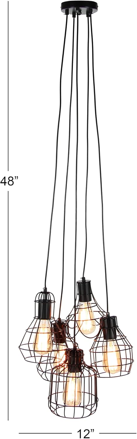 Deco 79 Industrial Cage-Designed 5-Light Pendant with Bulbs, 48" H x 17" L, Metallic Black Finish - B2 - 445