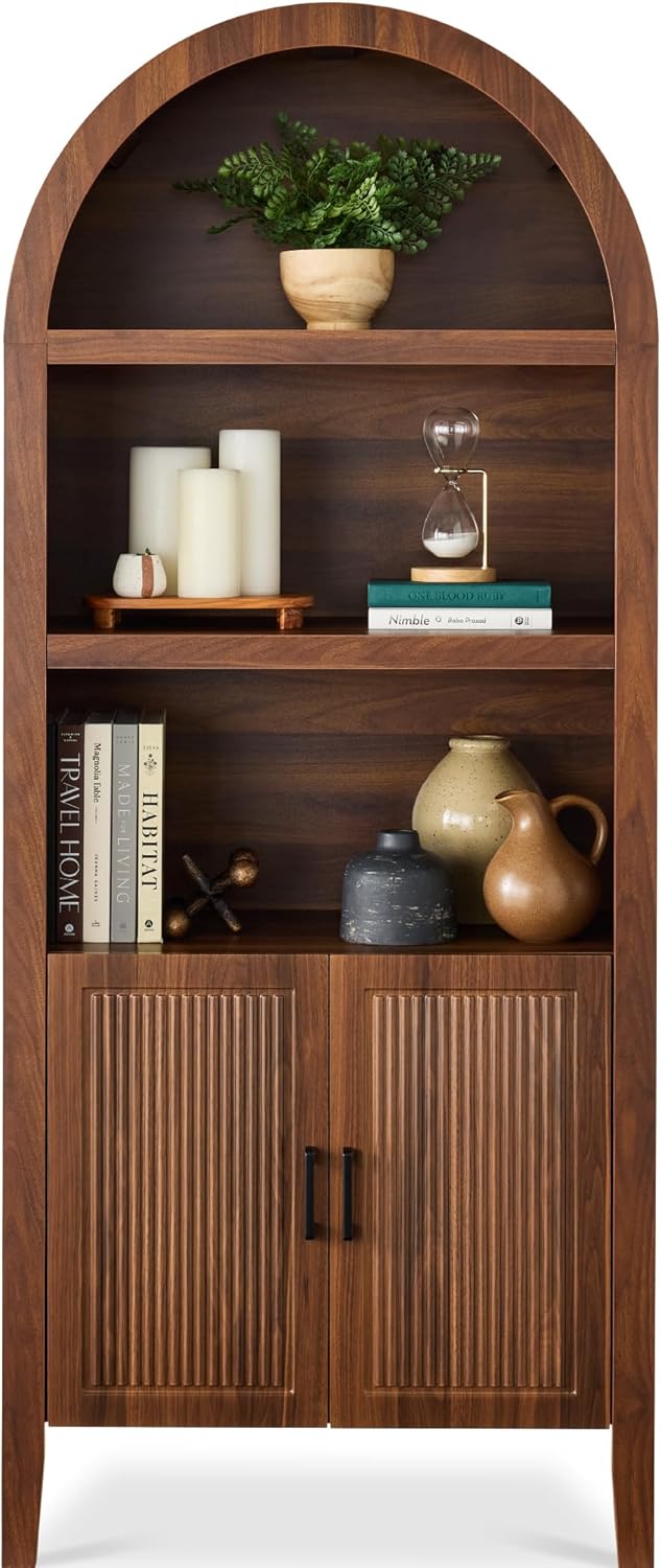 Best Choice Products 72in Tall Arched Pantry Cabinet w/Doors, 5-Tier Bookshelf, Armoire, Hutch, Bookcase, Storage Cabinet w/Adjustable Shelves - Walnut 1773