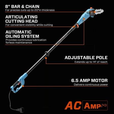 SENIX 120 Volt Max* 6.5 Amp Corded Electric Pole Saw for Tree Trimming, 8-Inch Oregon Bar and Chain, CSPE6.5-M 1885