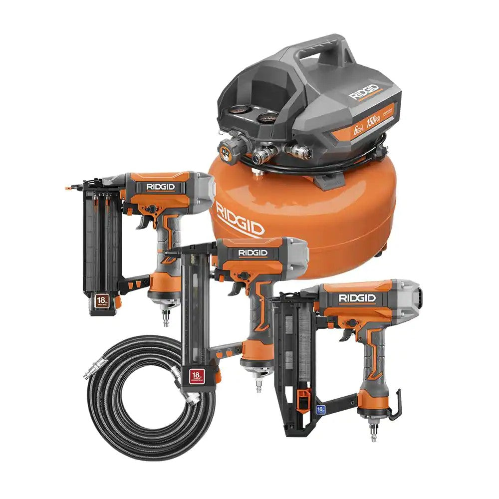 RIDGID 6 Gal. Portable Electric Pancake Air Compressor w/ 18GA Brad Nailer, 16GA Straight Finish Nailer, & 18GA Finish Stapler - K135 - Tested and working