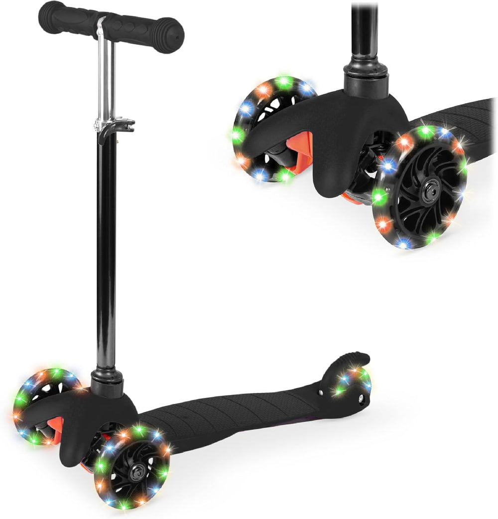 Kids Mini Kick Scooter w/ Light-Up Wheels & Adjustable T-Bar — Black — H17