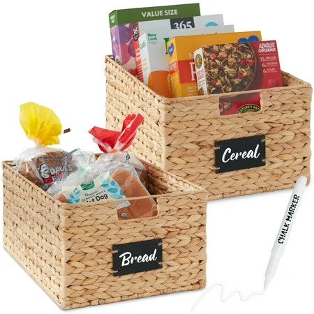 Best Choice Products Set of 2 16in Woven Water Hyacinth Pantry Baskets w/ Chalkboard Label, Chalk Marker - Natural - E2 - 1658 -J13-1912