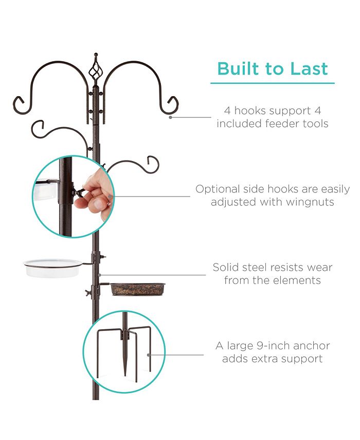 Best Choice Products 91in 4-Hook Bird Feeding Station, Steel Multi-Feeder Stand w/ 2 Feeders, Tray, Bird Bath - Gold - K2 - 367