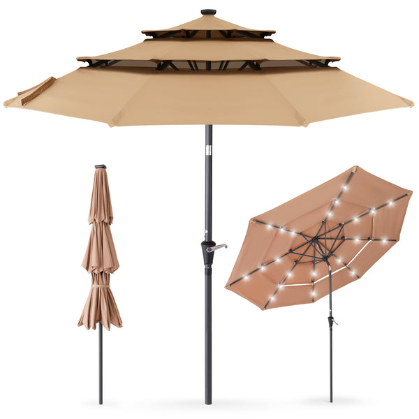 10ft 3-Tier Solar Patio Umbrella W/ 24 LED Lights Tilt Adjustment Easy Crank - Tan - 674
