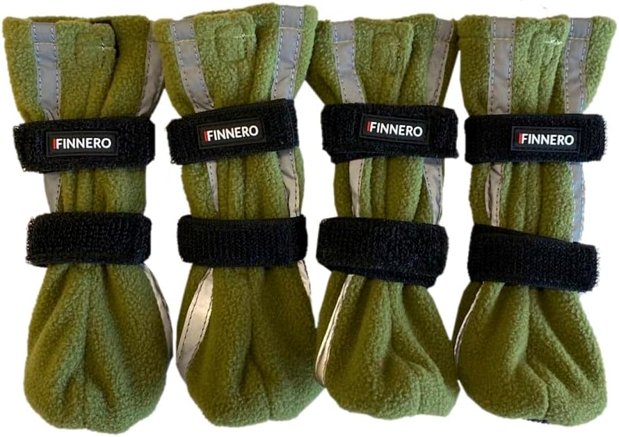 FINNERO Halla Fleece Dog Booties, Reflective, Non-Slip & Adjustable Winter Shoes, Warm Paw Protectors, 4-Pack (Green, XXS) - L10 - 619