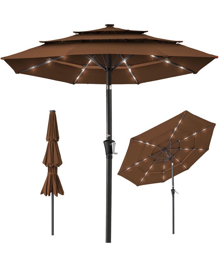 Best Choice Products 10ft 3-Tier Solar Patio Umbrella w/ 24 LED Lights, Tilt Adjustment, Easy Crank - Brown - L3 - 372
