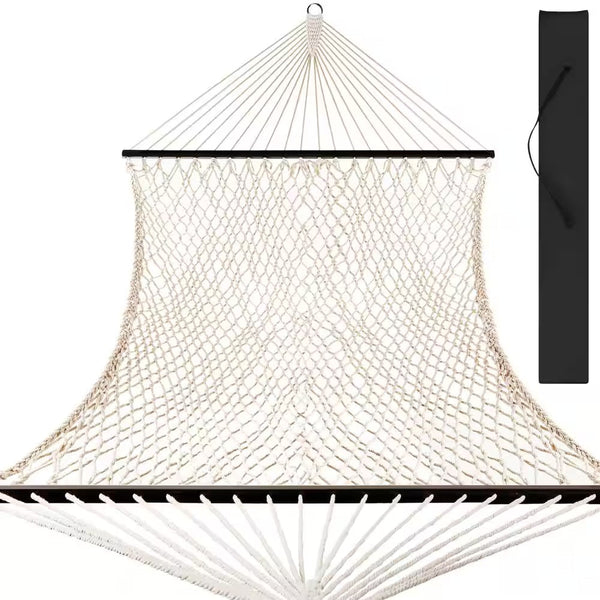 2-Person 11 ft. Woven Cotton Rope Double Hammock Bed w/Spreader Bars, Carrying Case - Off-White 1428