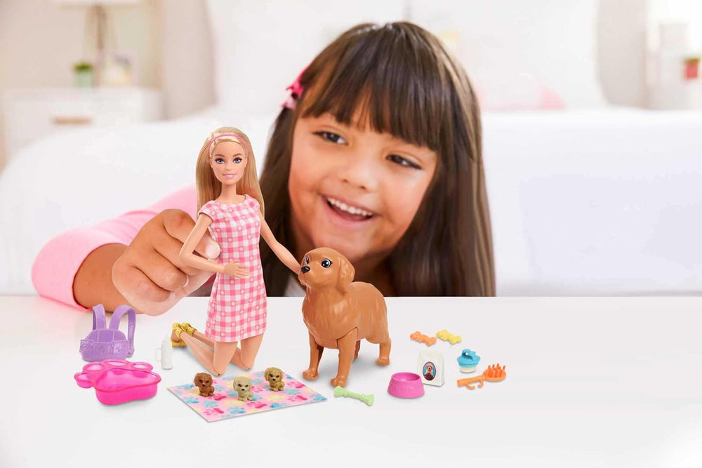 Barbie Doll & Pets Set, Blonde with Mommy Dog, 3 Newborn Puppies with Color-Change Feature & Pet Accessories 1353