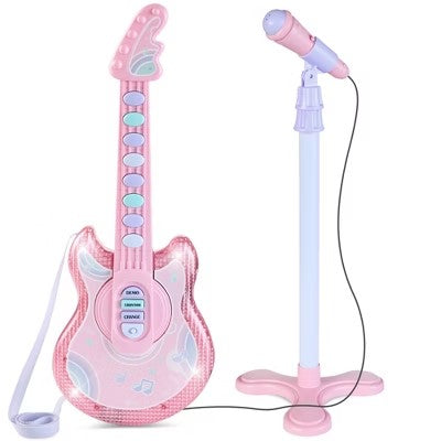 Best Choice Products 19in Kids Flash Guitar, Pretend Play Musical Instrument Toy for Toddlers w/ Mic, Stand - Soft Pink -J4-0411