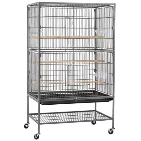 Yaheetech 52"H Metal Rolling Bird Cage with 3 Perches & 4 Feeders & Extra Storage Shelf, Black - D5 - 417