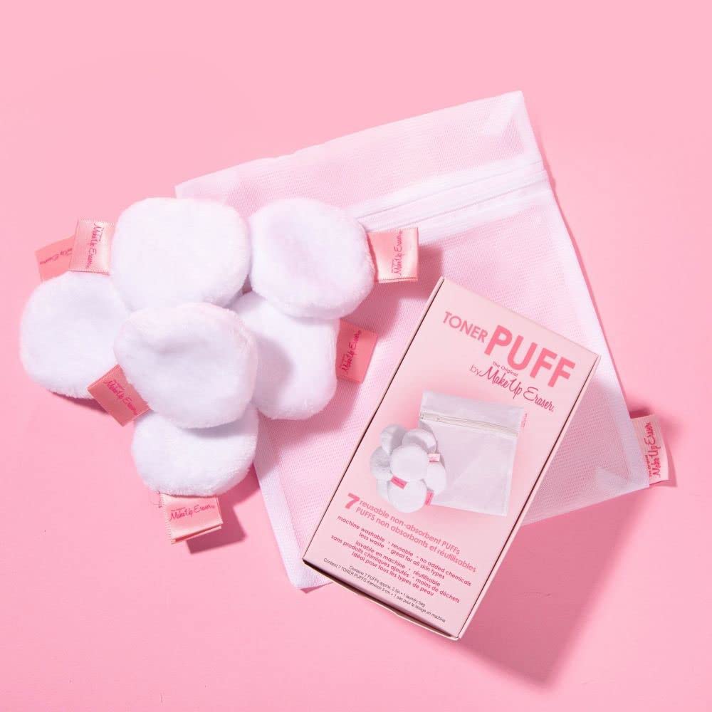 MakeUp Eraser Toner Puff 7pc Set, Reusable and Machine Washable Rounds, Laundry Bag Included -B7-0377 -B7-0378 -F2-0664 -B7-1188 -B7-1189