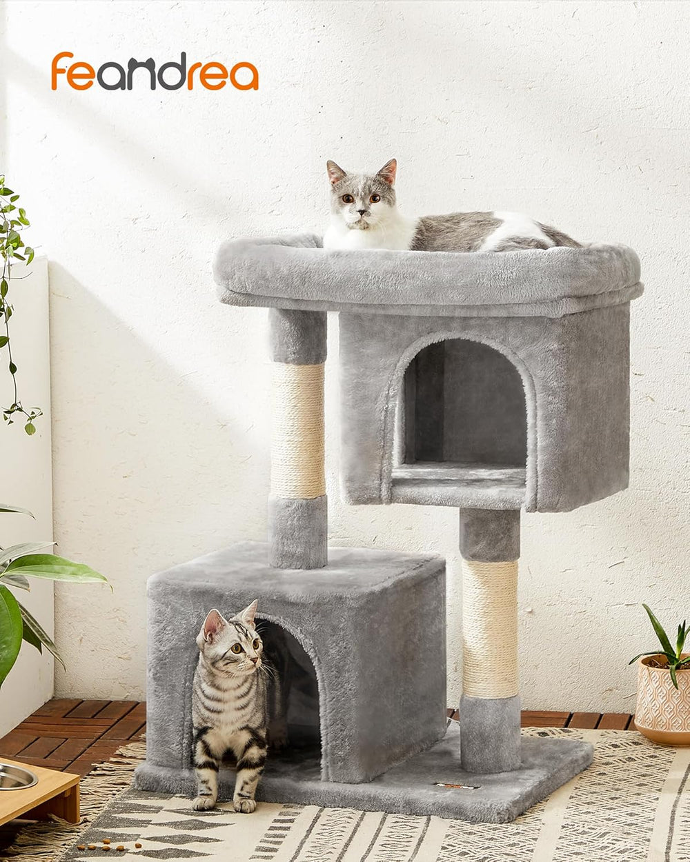 Feandrea Cat Tree, 33.1-Inch Cat Tower, Plush Condo for Large Cats up to 16 lb, Large Perch, 2 Caves, Scratching Post, Gray - M4 - 631