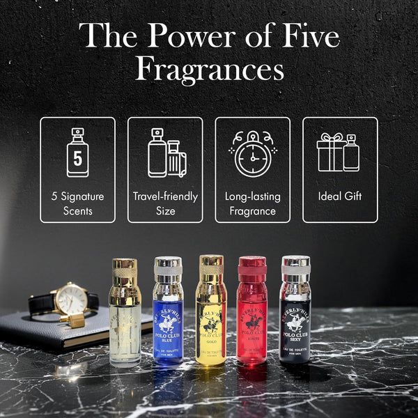 Beverly Hills Polo Club 5 Piece Mini Gift Set Exclusive for Men, EDT Eau De Toilette 5 Mini 0.5oz Bottles -G6-0075