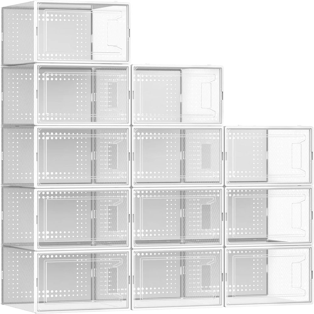 12 Pack Large Shoe Organizer Storage Boxes for Closet, Modular Space Saving Shoe Boxes Clear Plastic Stackable Sneaker Containers Display Case with Lid, Pearl White - J108