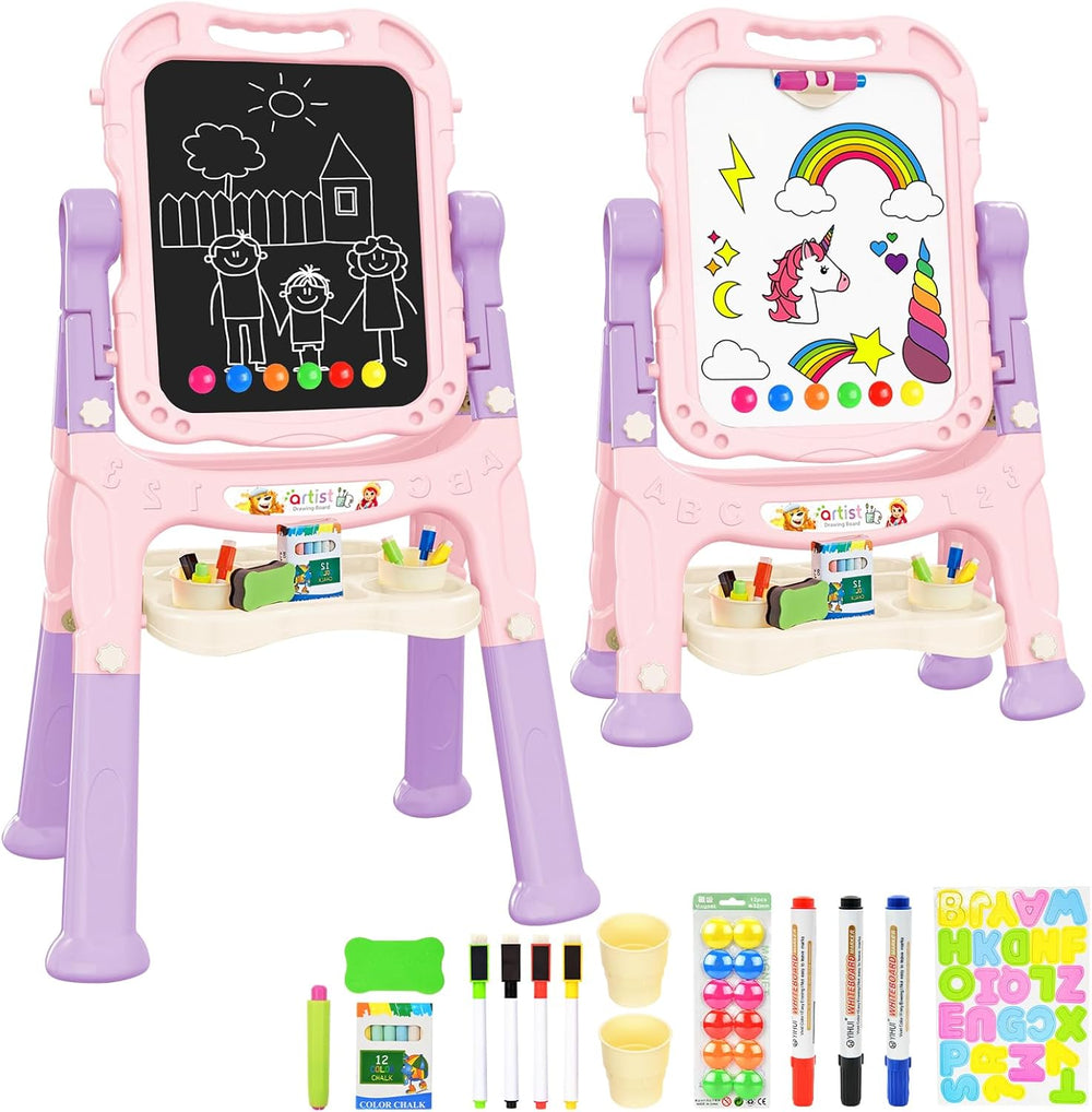 Kids Art Easel, Adjustable Drawing Whiteboard & Chalk Board, Double Sided Toddler Easel with Painting Accessories, Birthday Gift Toy for Little Girls Boy Age 2 3 4 5 (Pink) 1329