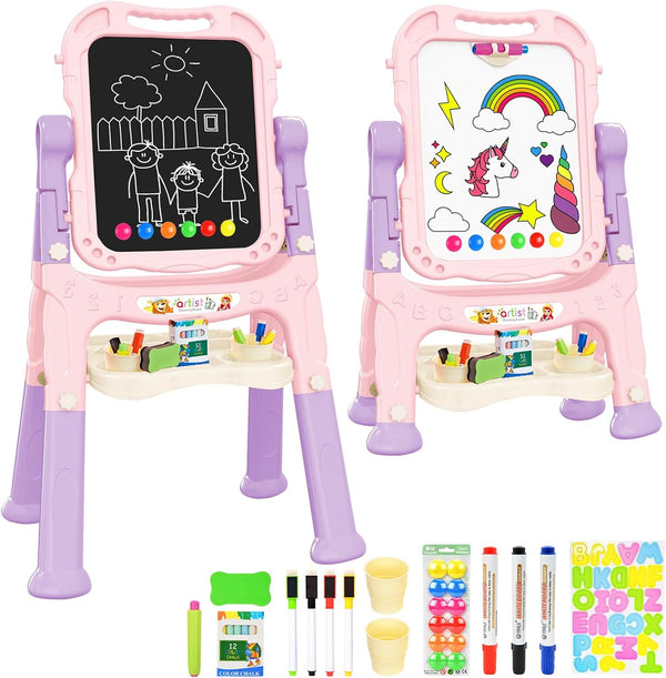 Kids Art Easel, Adjustable Drawing Whiteboard & Chalk Board, Double Sided Toddler Easel with Painting Accessories, Birthday Gift Toy for Little Girls Boy Age 2 3 4 5 (Pink) 1329