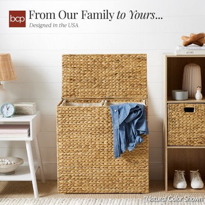 Best Choice Products Large Natural Water Hyacinth Double Laundry Hamper Basket w/ 2 Liner Bags, Handles - Whitewash 1740