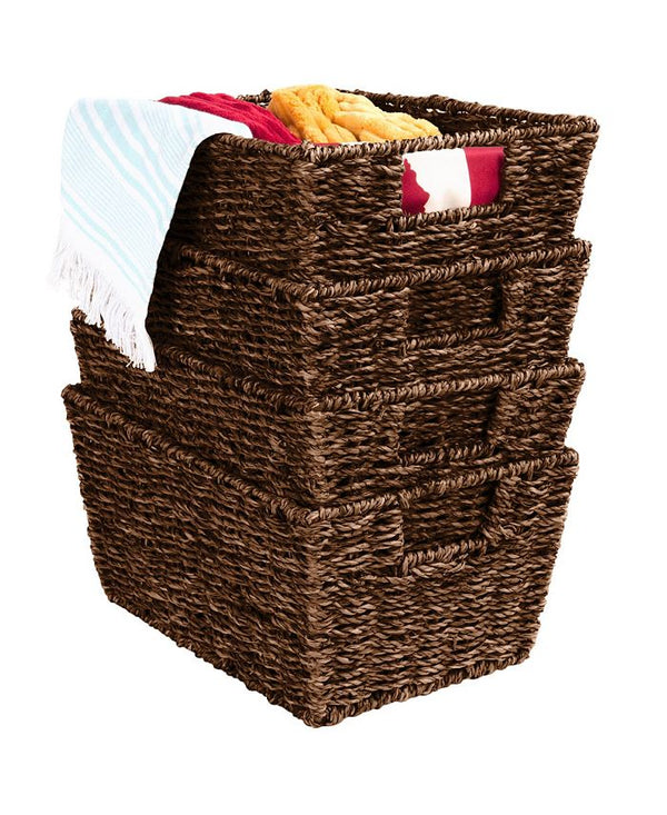 Set of 4 Multipurpose Stackable Seagrass Storage Laundry Organizer Baskets w/ Handles - Brown - K34