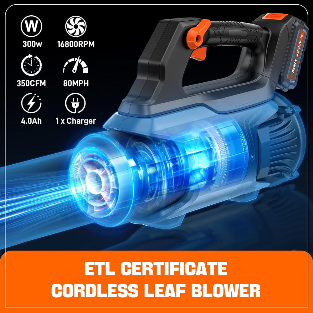 SENIX 20V Max Leaf Blower, Cordless, Brushless, Handheld, Up to 350 CFM and 80 MPH, 2 Speed Mode, Cruise Control, Lightweight, 4.0 Ah Battery and Charger Included (BLAX2-M) 1612