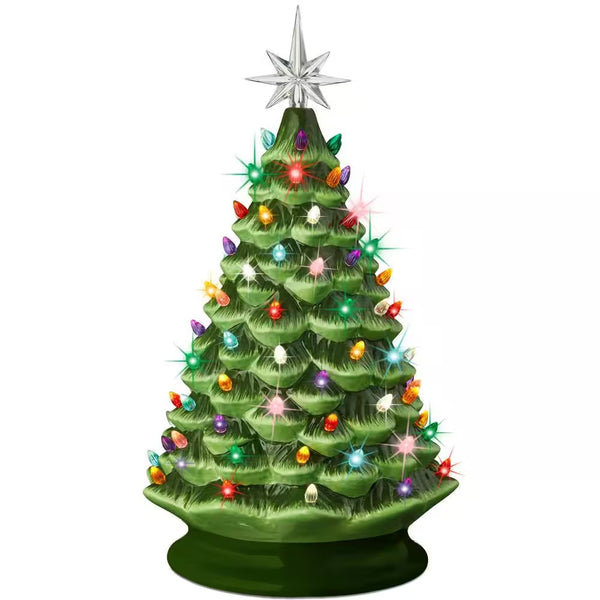 18in. Green Pre-Lit LED Ceramic Artificial Christmas Tree with 93 Multicolor Lights 228