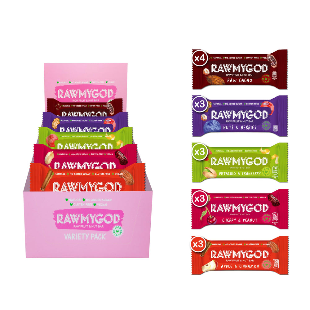 RAWMYGOD Raw Fruit and Nut Bar Variety Pack I - 4 Raw Cacao, 3 Apple & Cinnamon, 3 Nuts & Berries, 3 Cherry & Peanut, 3 Pistachio & Cranberry, Gluten Free, Vegan, No Added Sugar, 16 Pack