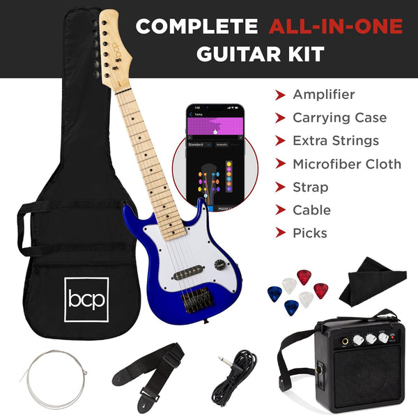 Best Choice Products 30in Kids Electric Guitar Beginner Starter Kit w/ 5W Amplifier, Strap, Gig Bag, Strings, Picks - Metallic Blue - E10 - 1069