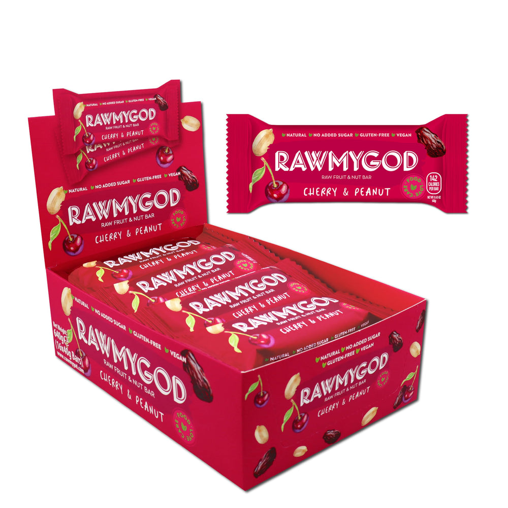 RAWMYGOD Raw Fruit and Nut Bar Cherry Peanut, Gluten Free, Vegan, No Added Sugar, 16 Pack, 142 Calories per Bar