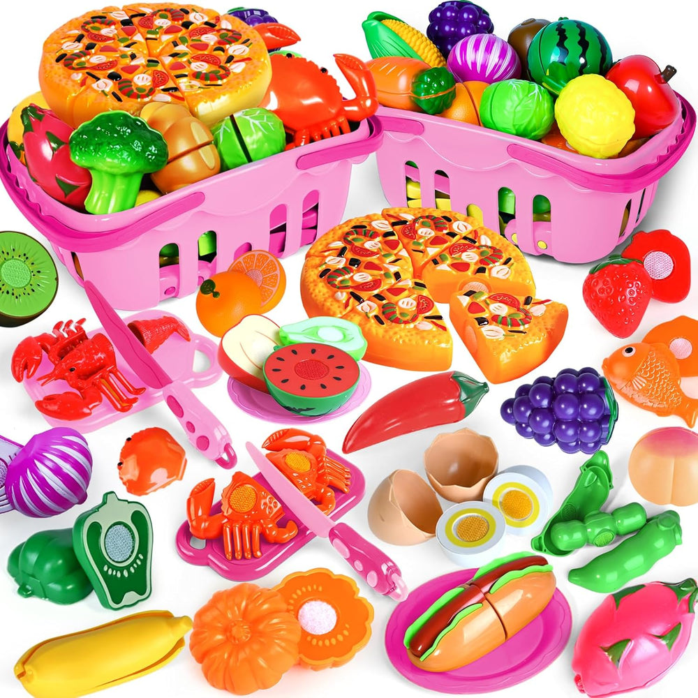 Shemira 100 PCS Cutting Play Food Toy for Kids Kitchen, Pretend Food Toys for Toddlers, Play Kitchen Toys Accessories with 2 Baskets, for 3 4 5 Years Old Boys Girls, Pink 1342