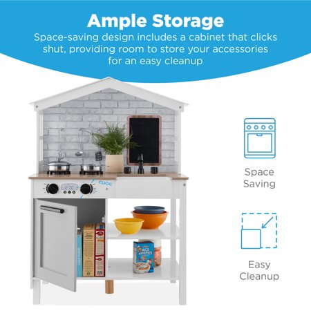Best Choice Products Farmhouse Play Kitchen Toy for Kids w/ Chalkboard, Storage Shelves, 5 Accessories - Beveled White - A4 - 1423