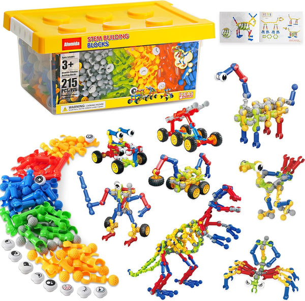 215 PCS Creative Building Blocks Playset Toy - Featuring Storage, Includes Dinosaur, Robot, Car, Spider, Dog Figure, Learning Toy for Kids, Birthdays Gift for Kids, Boys and Girls Ages 4-7, 8+ 1273