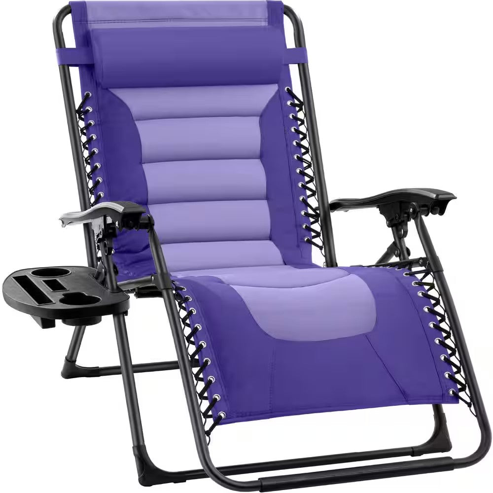 Oversized Padded Zero Gravity Purple/Violet Metal Reclining Outdoor Lawn Chair w/Side Tray -M1-1365