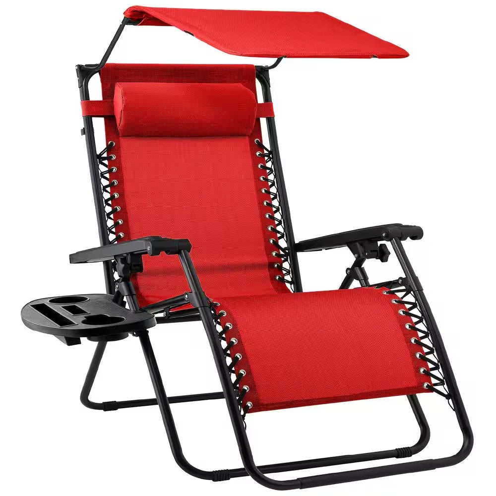 Zero Gravity Folding Reclining Crimson Red Fabric Outdoor Lawn Chair with Canopy Shade, Headrest Tray - 1555