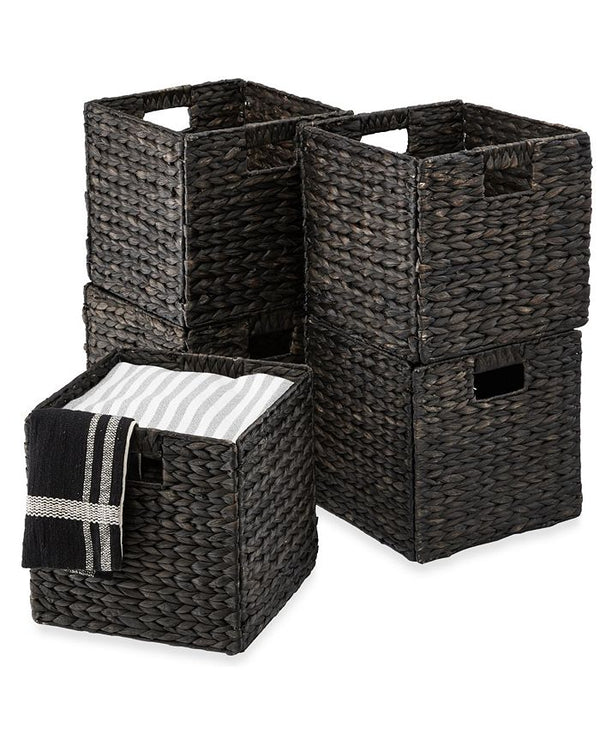 13x13in Hyacinth Storage Baskets, Set of 5 Multipurpose Collapsible Organizers - Black M76