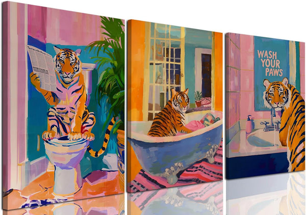 Funny Tiger Bathroom Wall Art Set of 3 Whimsical Tiger in Bathtub Canvas Wall Decor Painting Maximalist Animal Bathroom Poster Print Aesthetic 12x16 inch Framed 1409