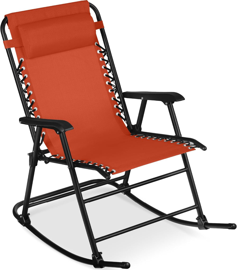 Outdoor Folding Rocking Chair, Zero Gravity Lounge Chair, Patio Rocker w/Headrest Pillow - Burnt Orange - J206